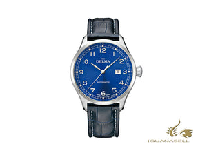 Montre automatique Delma Aero Pioneer, bleu, 45 mm, bracelet en cuir, 41601.570.6.042