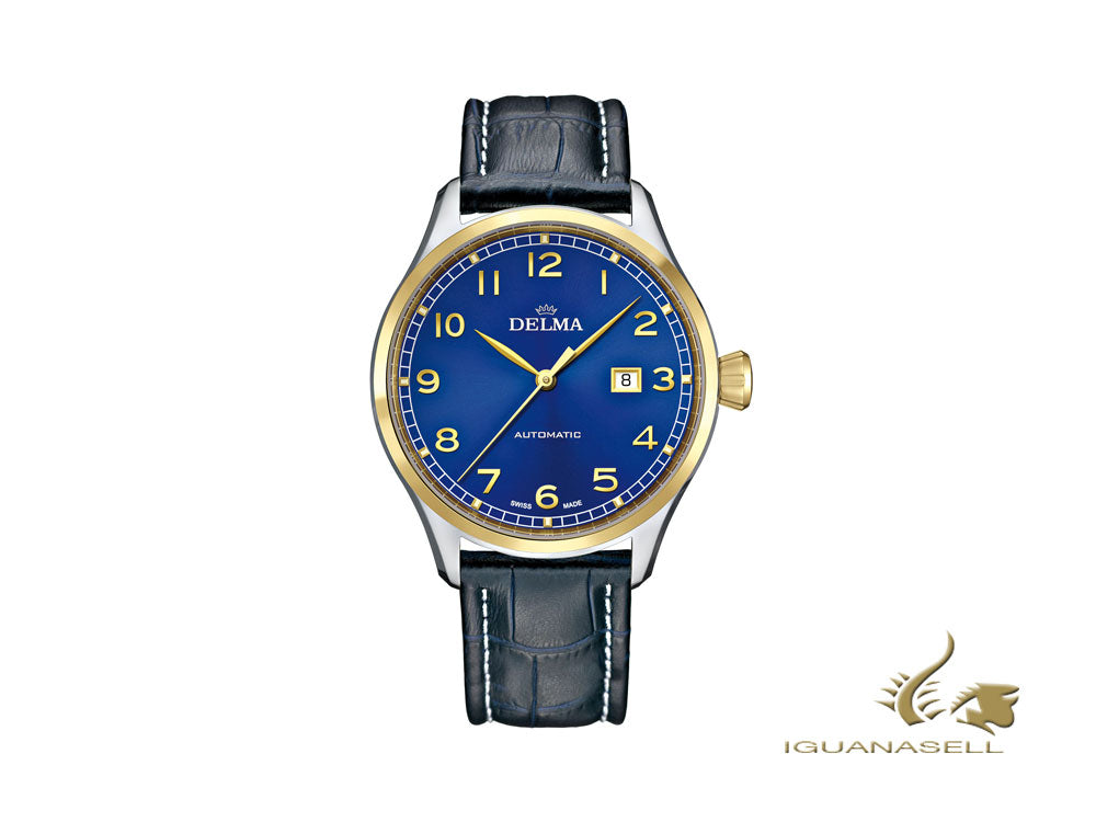 Montre automatique Delma Aero Pioneer, bleu, 45 mm, bracelet en cuir, 52601.570.6.042