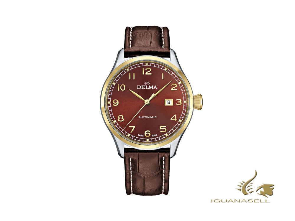 Montre automatique Delma Aero Pioneer, marron, 45 mm, bracelet en cuir, 52601.570.6.102