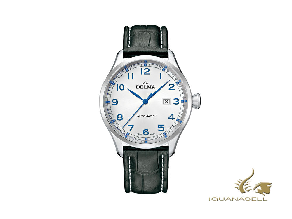 Montre automatique Delma Aero Pioneer, blanche, 45 mm, bracelet en cuir, 41601.570.6.062