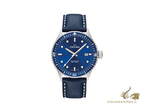 Montre automatique Delma Diver Cayman, bleu, 42 mm, bracelet en cuir, 41601.706.6.041