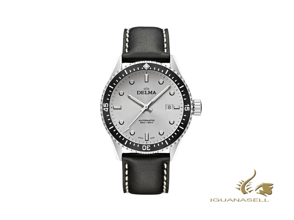 Montre automatique Delma Diver Cayman, argent, 42 mm, bracelet en cuir, 41601.706.6.061