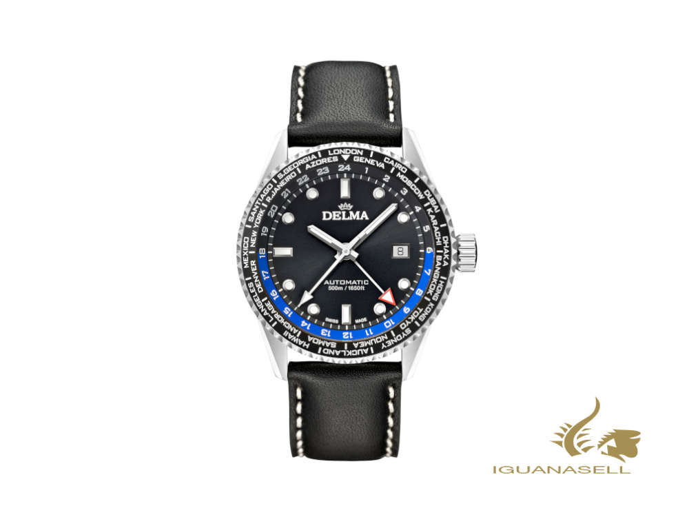 Montre automatique Delma Diver Cayman Worldtimer, noire, 42 mm, 41601.710.6.031