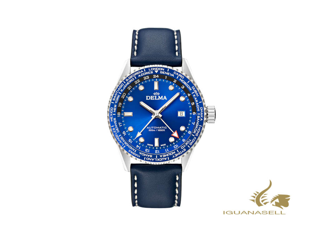 Montre automatique Delma Diver Cayman Worldtimer, bleu, 42 mm, 41601.710.6.041