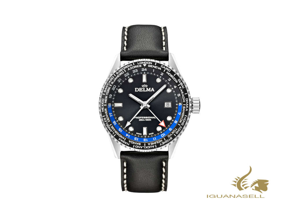 Montre à quartz Delma Diver Cayman Worldtimer, noire, 42 mm, 20 atm, 41601.712.6.031