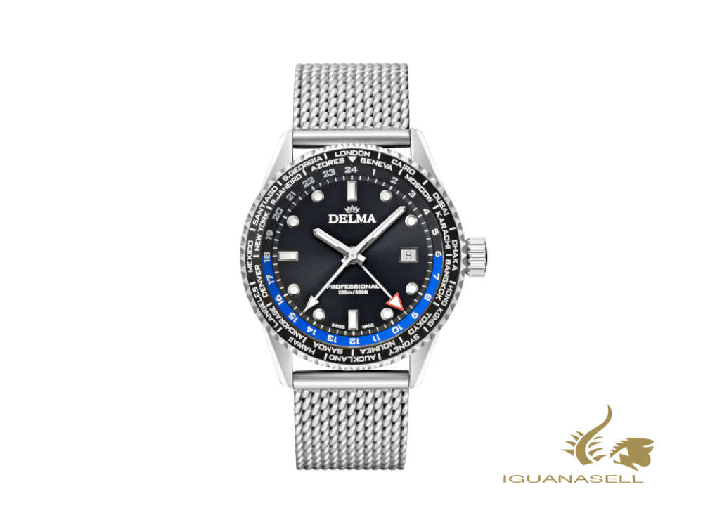 Montre à quartz Delma Diver Cayman Worldtimer, noire, 42 mm, 20 atm, 41801.712.6.031