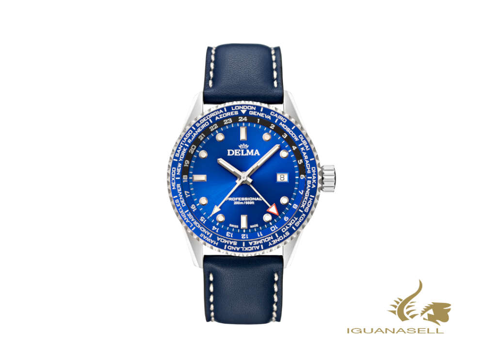 Montre à quartz Delma Diver Cayman Worldtimer, bleu, 42 mm, 20 atm, 41601.712.6.041