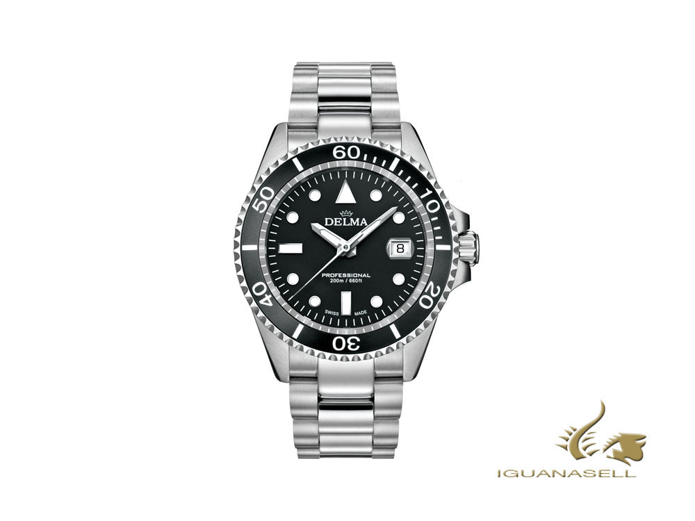 Montre à quartz Delma Diver Commodore, noire, 43 mm, 20 atm, 41701.692.6.031