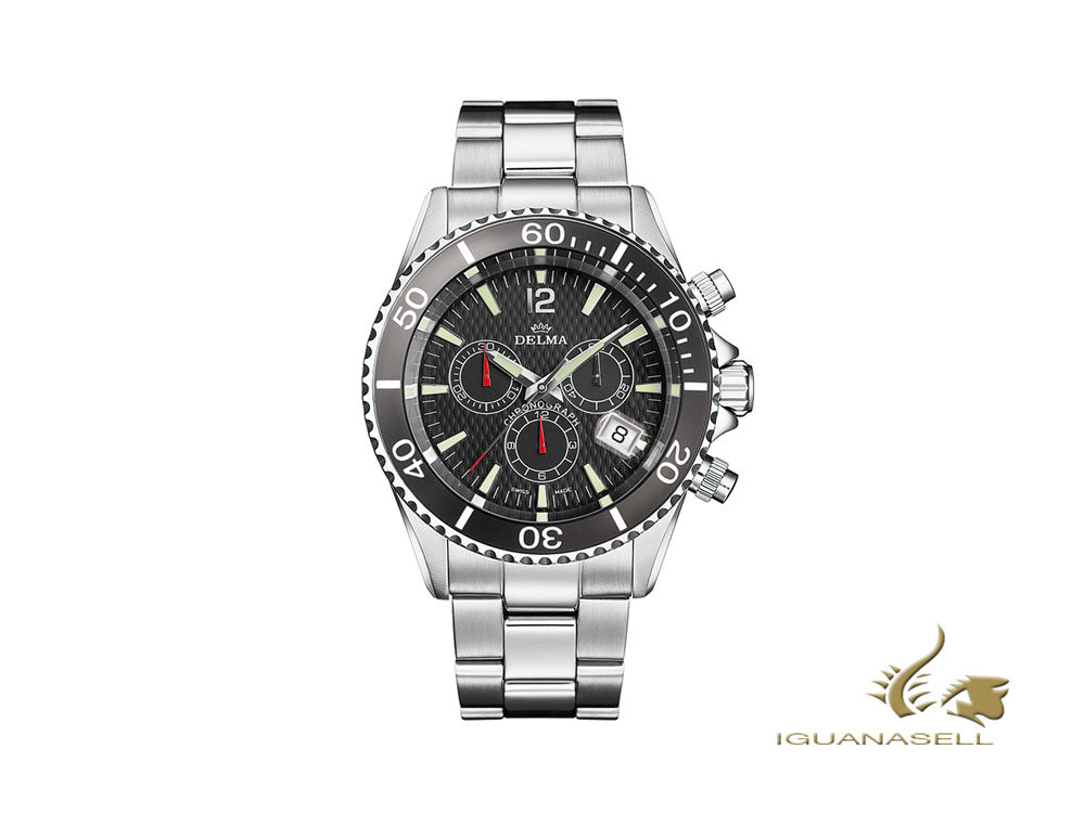 Montre chronographe à quartz Delma Diver Santiago, noire, 43 mm, D41701.564.6C034