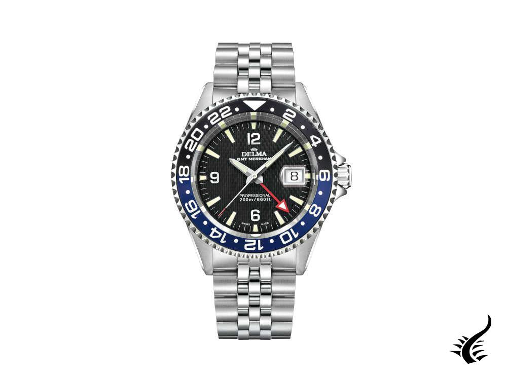 Delma Diver Santiago GMT Quartz Watch, Black, 43 mm, 20 atm, 41701.648.6.034