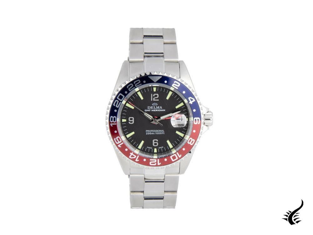 Montre à quartz Delma Diver Santiago GMT, noire, 43 mm, 20 atm, 41701.648.6P034