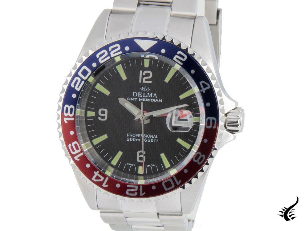 Montre à quartz Delma Diver Santiago GMT, noire, 43 mm, 20 atm, 41701.648.6P034