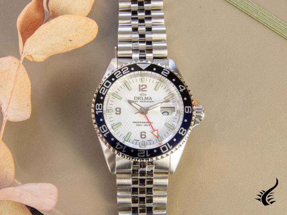 Montre à quartz Delma Diver Santiago GMT, blanche, 43 mm, 20 atm, 41701.648.6.014