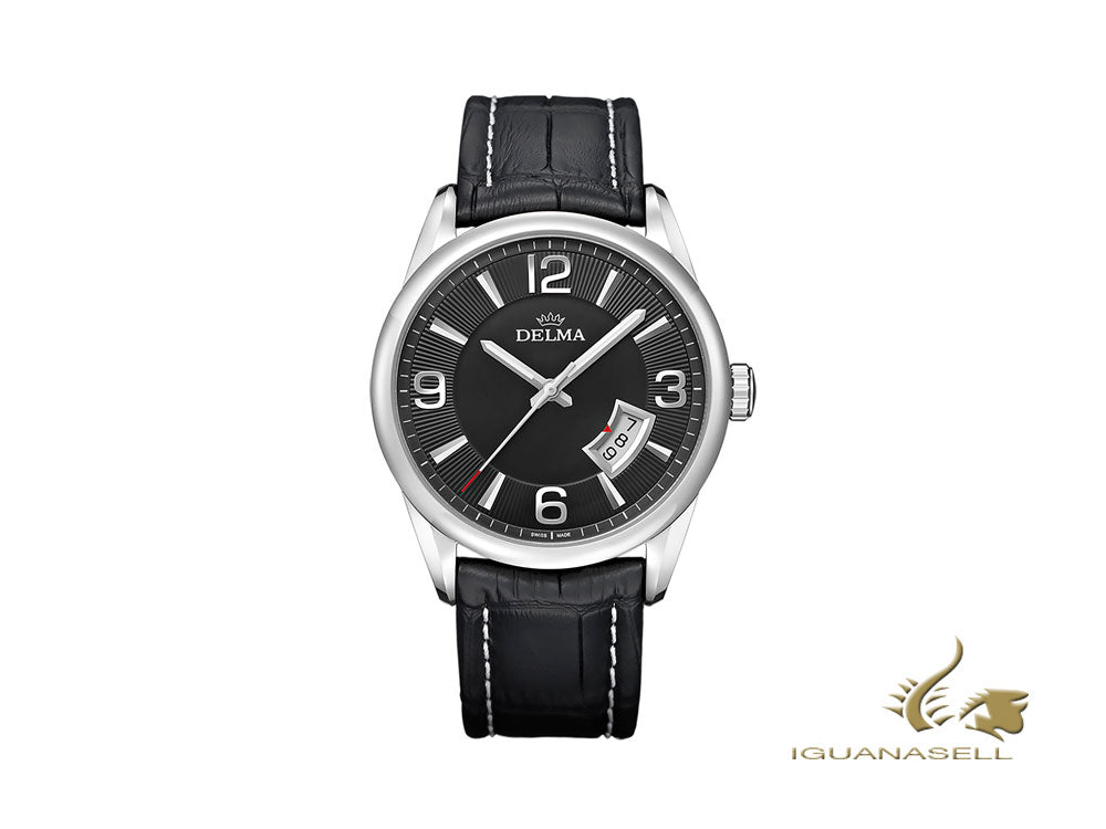 Montre à quartz Delma Dress Cambridge, noire, 42 mm, bracelet en cuir, 41601.598.6.034