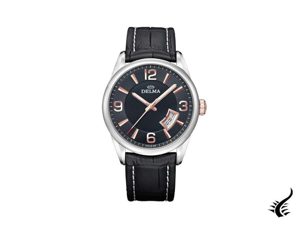 Montre à quartz Delma Dress Cambridge, noire, 42 mm, bracelet en cuir, 41601.598.6.036