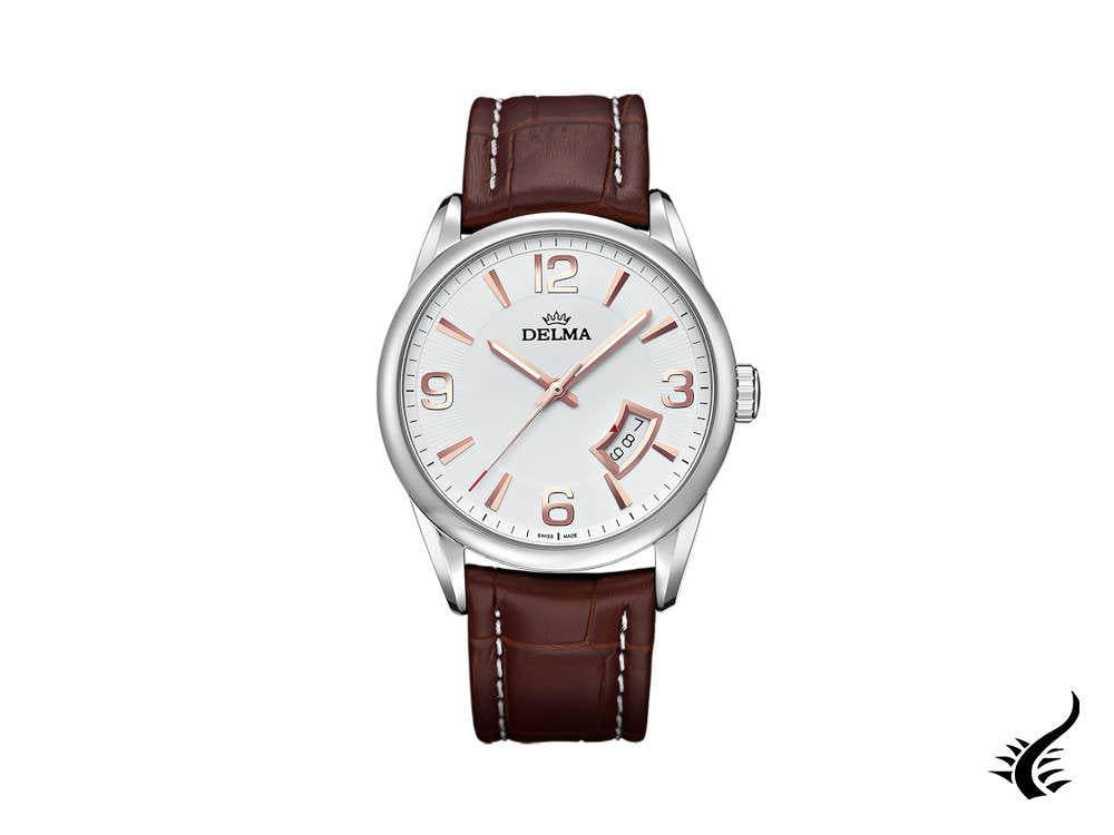 Montre à quartz Delma Dress Cambridge, blanche, 42 mm, bracelet en cuir, 41601.598.6.016