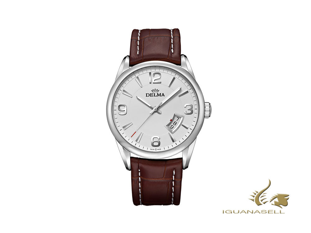 Montre à quartz Delma Dress Cambridge, blanche, 42 mm, bracelet en cuir, D41601.598.6.014