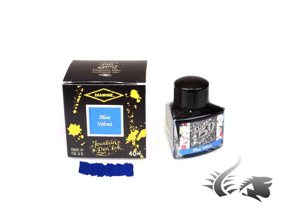 Bouteille d'encre Diamine 1864 Blue Velvet, 150e anniversaire, 40 ml, cristal