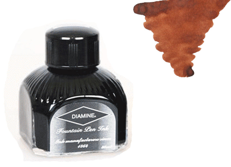 Bouteille d'encre Diamine, 80 ml, marron chaud, bouteille en cristal italien