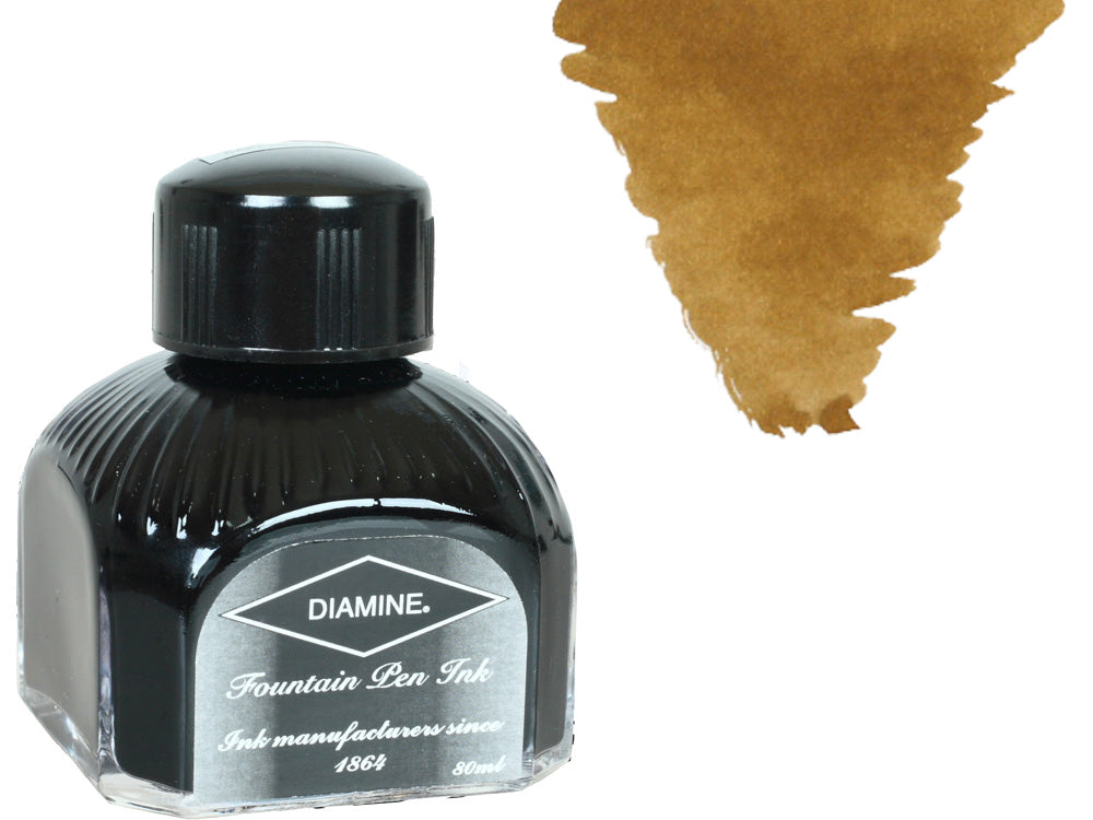 Bouteille d'encre Diamine, 80 ml, brun doré, bouteille en cristal italien