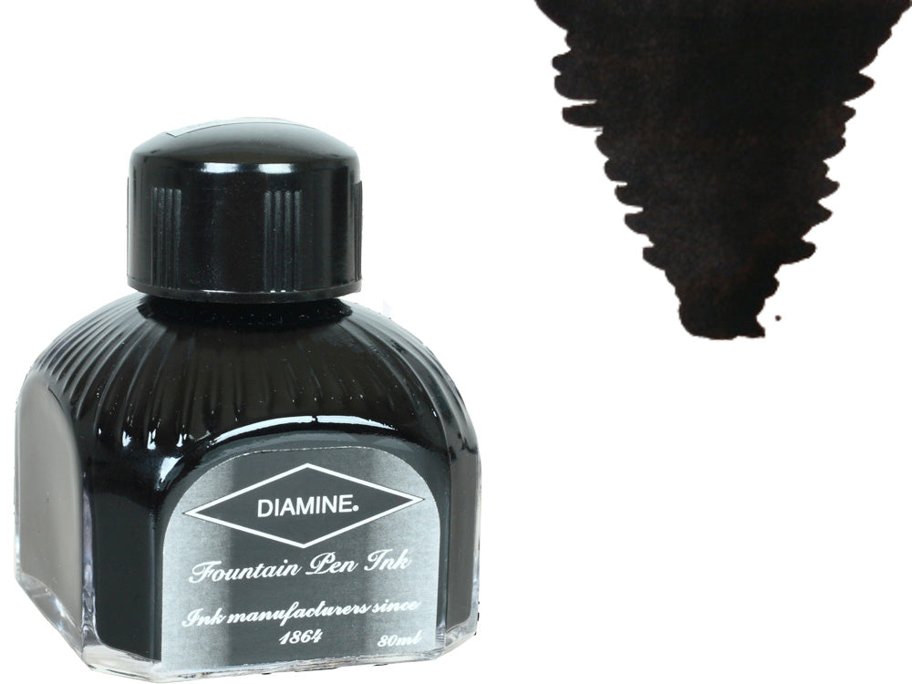 Bouteille d'encre Diamine, 80 ml, noir de jais, bouteille en cristal italien