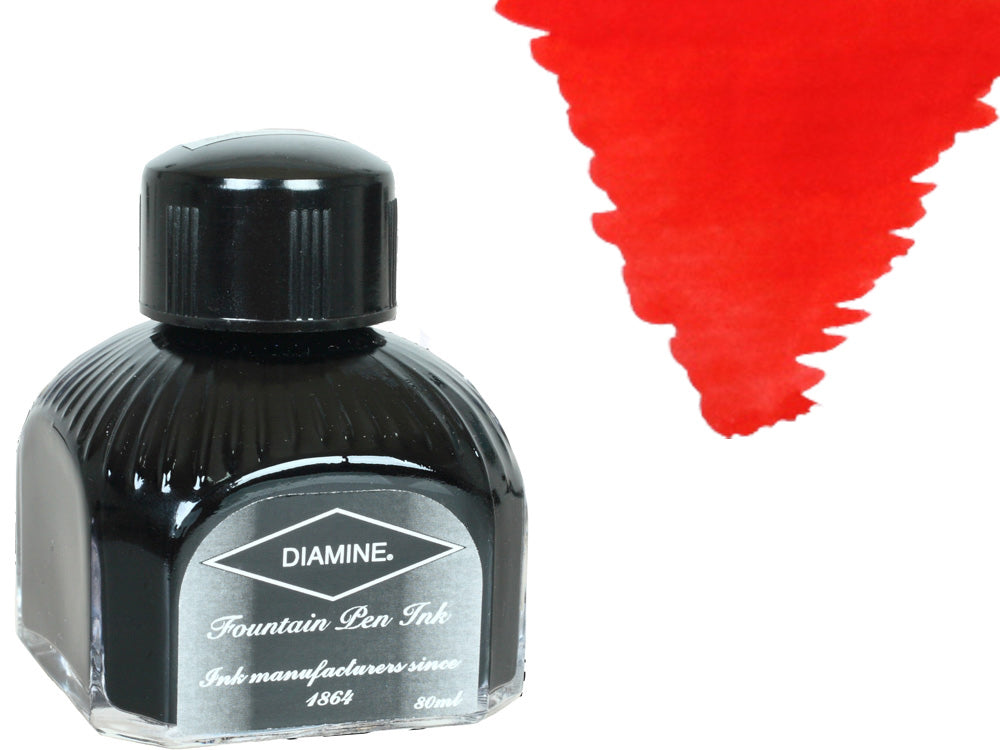 Bouteille d'encre Diamine, 80 ml, rouge coquelicot, bouteille en cristal italien