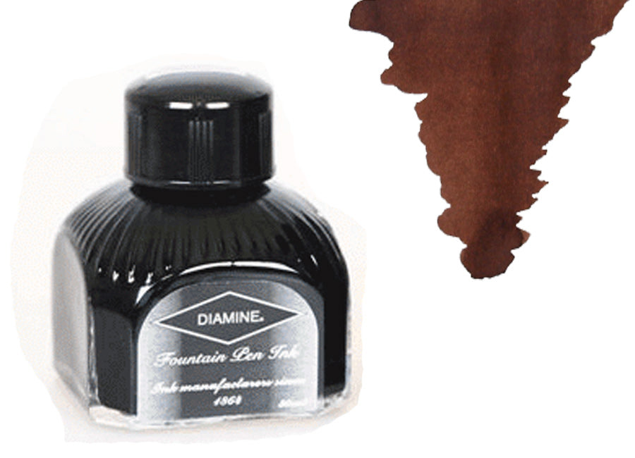 Bouteille d'encre Diamine, 80 ml, marron selle, bouteille en cristal italien