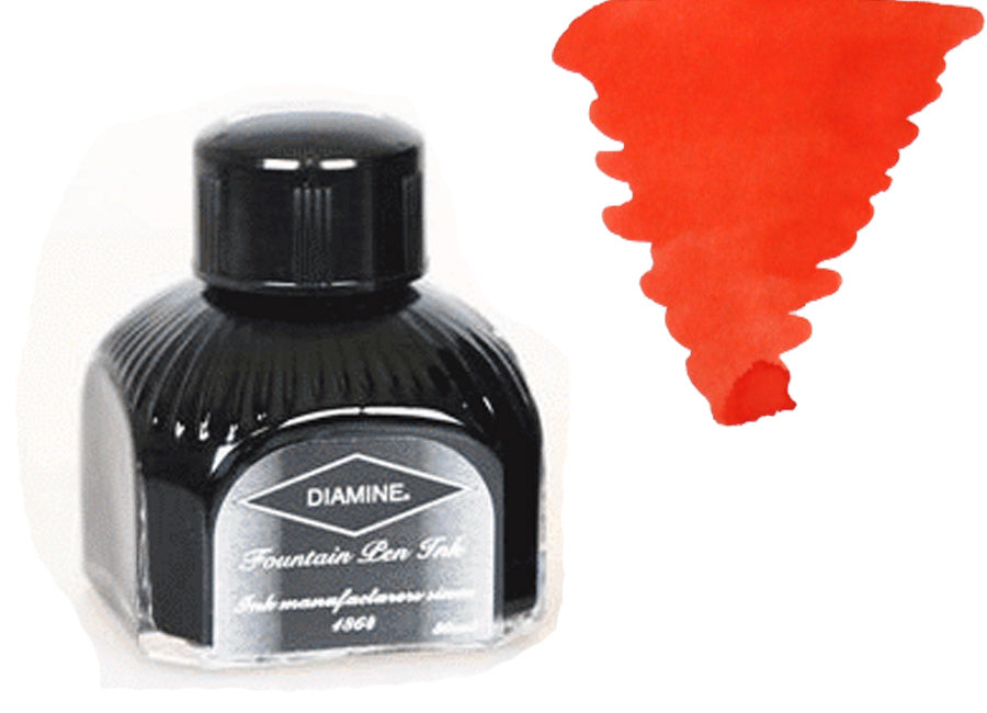 Bouteille d'encre Diamine, 80 ml, vermillon, bouteille en cristal italien