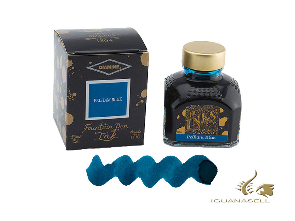 Bouteille d'encre bleue Diamine Pelham, 80 ml, cristal