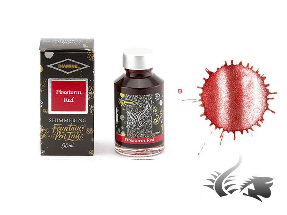 Flacon d'encre rouge Shimmering Firestorm de Diamine, 50 ml, cristal