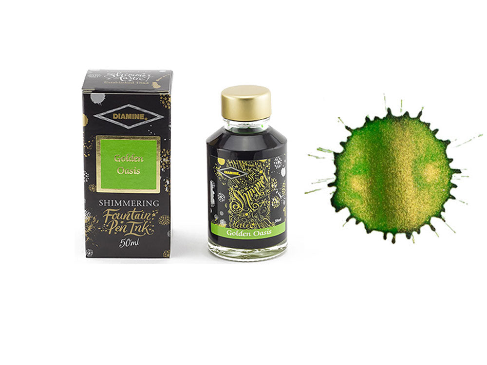 Flacon d'encre Shimmering Golden Oasis de Diamine, 50 ml, vert, cristal