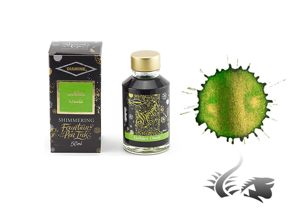 Flacon d'encre Shimmering Golden Oasis de Diamine, 50 ml, vert, cristal