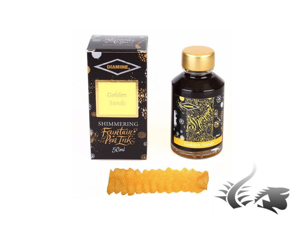 Flacon d'encre Shimmering Golden Sands de Diamine, 50 ml, cristal