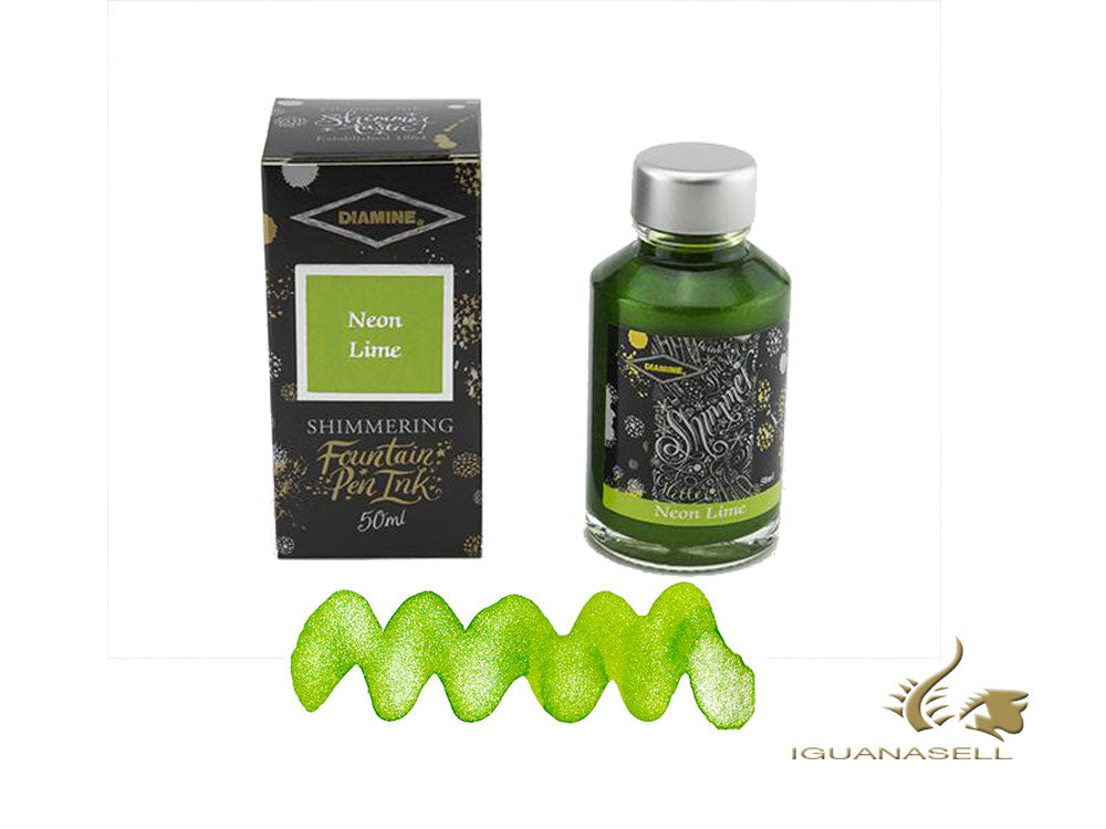 Diamine Shimmering Neon Lime Ink Bottle, 50ml., Crystal