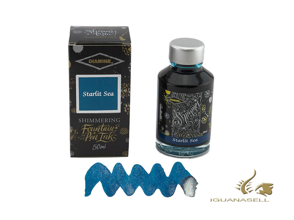 Flacon d'encre scintillante Diamine Starlit Sea, 50 ml, cristal