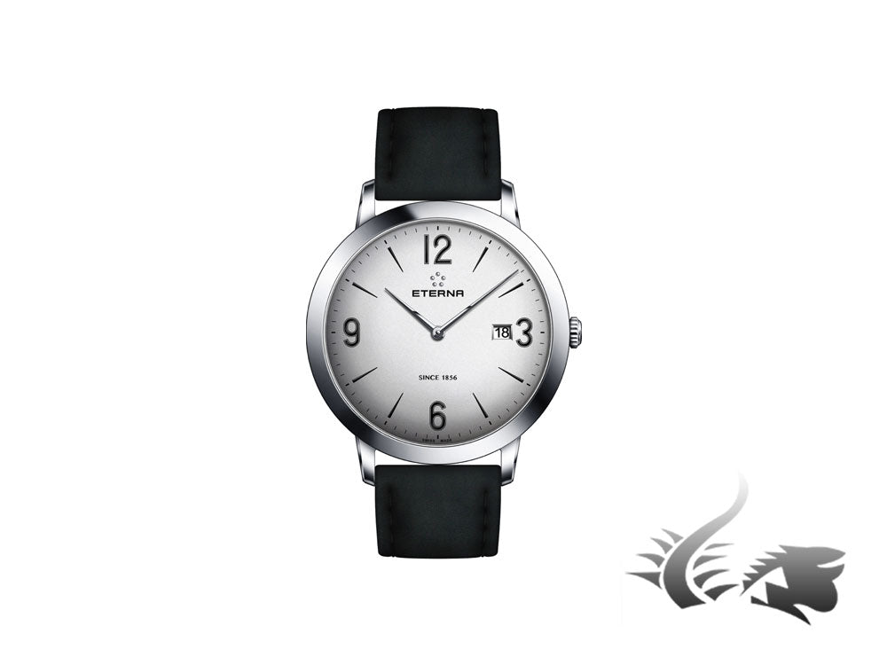 Montre à quartz Eterna Eternity Gent, ETA 955.112, 42 mm, argent, bracelet en cuir