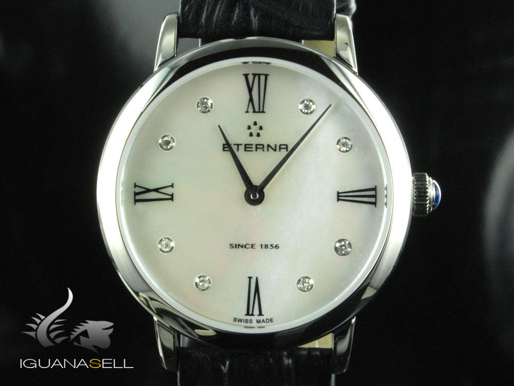 Montre à quartz Eterna Eternity Lady, ETA 956.412, 32 mm, blanche, bracelet en cuir