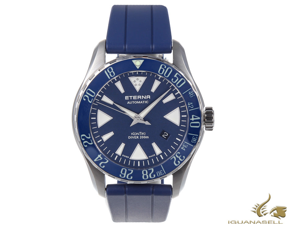 Montre automatique Eterna KonTiki Diver Gent, SW 200, 44 mm, bracelet en silicone, bleu