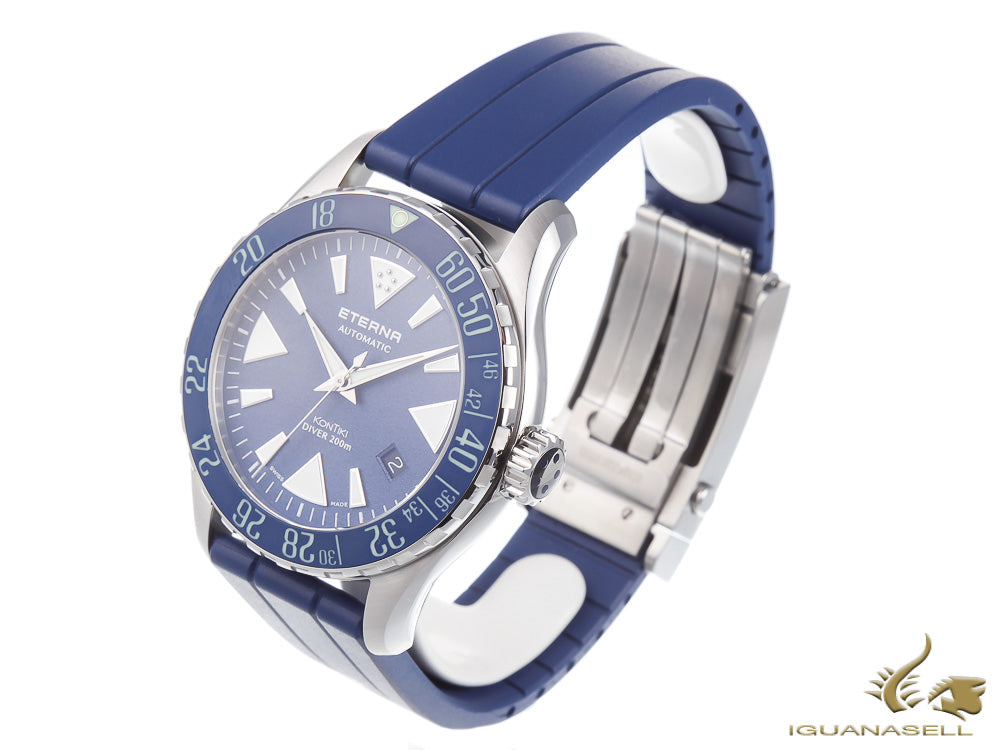 Montre automatique Eterna KonTiki Diver Gent, SW 200, 44 mm, bracelet en silicone, bleu