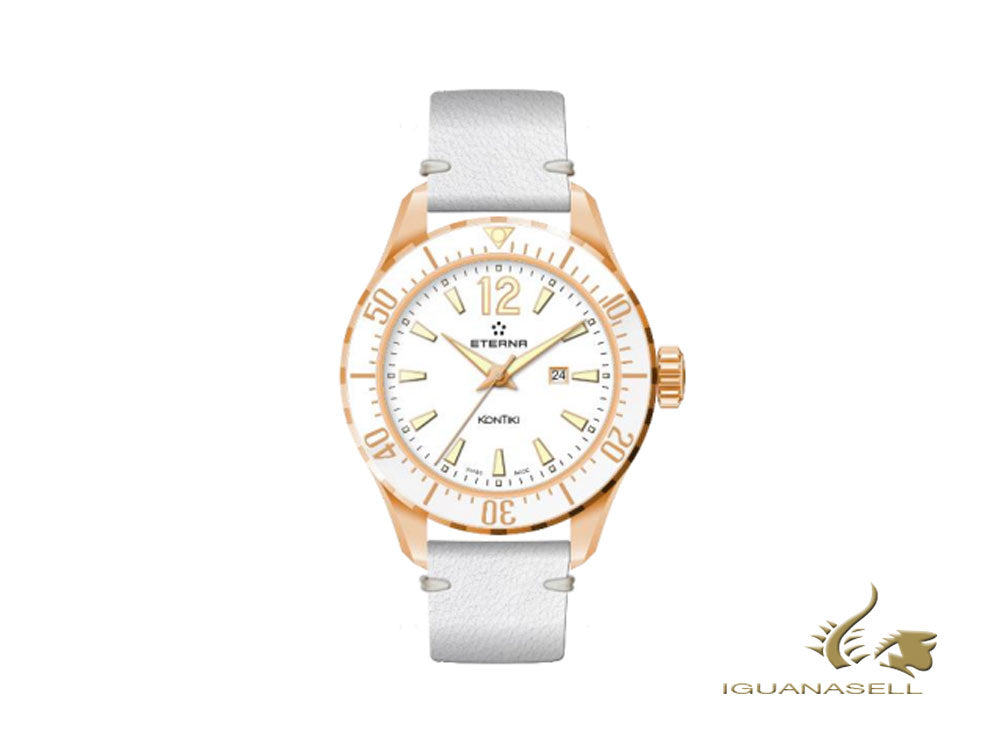 Montre à quartz Eterna Lady KonTiki Diver, ETA 956.412, 36 mm, bracelet en cuir, blanc