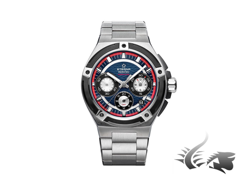 Montre Eterna Royal KonTiki Chrono Flyback GMT, Bleu, Bracelet en acier, Édition limitée