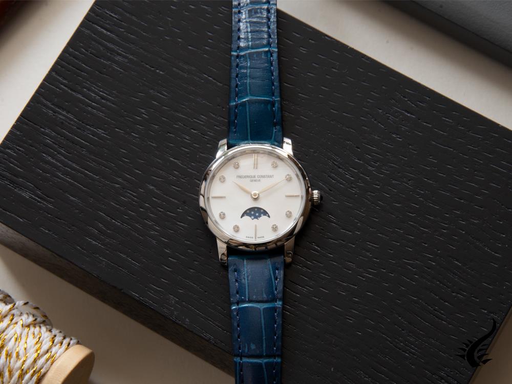 Montre à quartz Slimline pour femme Frederique Constant, 30 mm, diamants, bleu