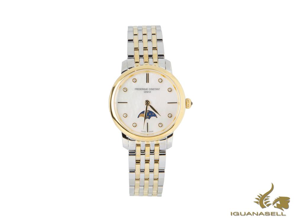 Montre à quartz Slimline pour femme Frederique Constant avec phases de lune, PVD or, diamants