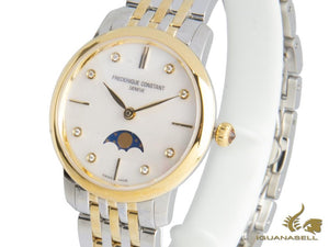 Montre à quartz Slimline pour femme Frederique Constant avec phases de lune, PVD or, diamants