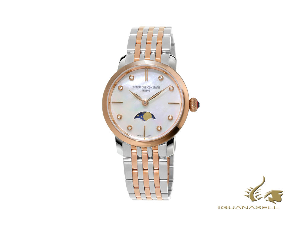 Montre à quartz Slimline pour femme Frederique Constant avec phases de lune, or rose et diamants