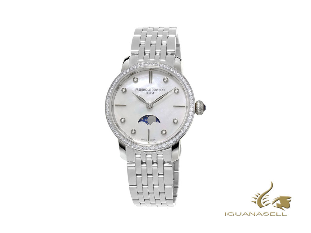 Montre à quartz Slimline pour femme Frederique Constant, phase de lune, blanche, diamants