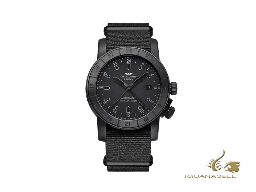 Montre automatique Glycine Airman 42, GL 293, GMT, PVD, noir, GL0070