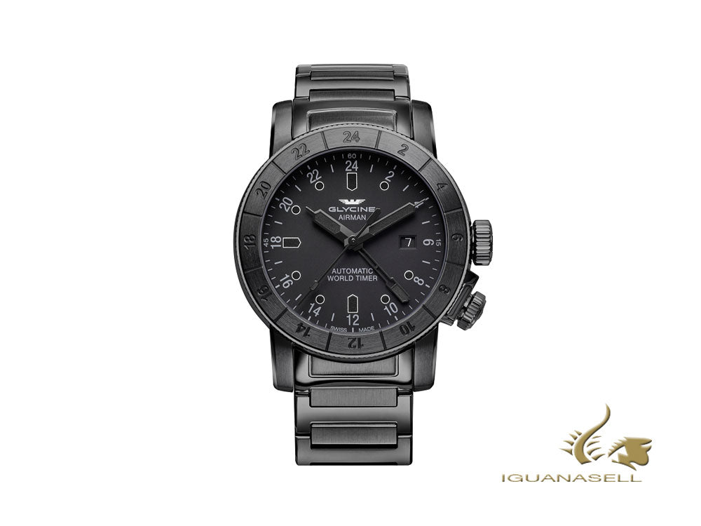 Montre automatique Glycine Airman 44, noire, GL 293, 44 mm, GMT, PVD, GL0153