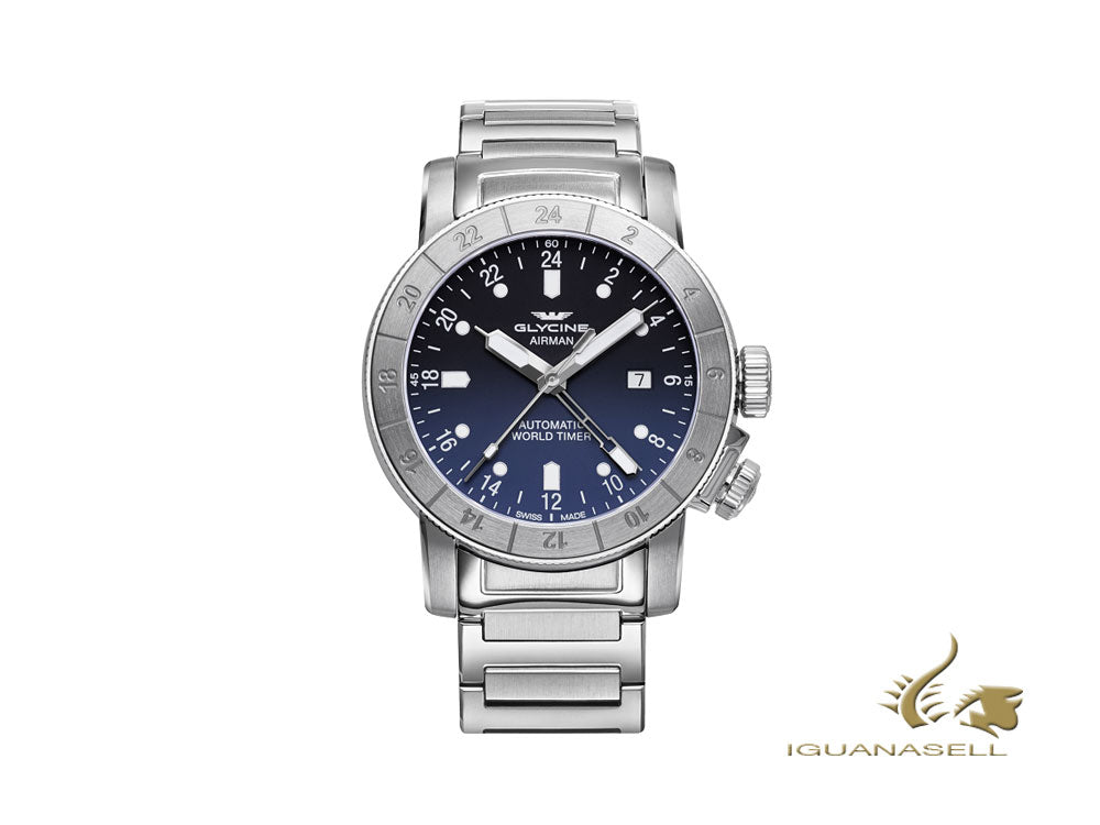 Montre automatique Glycine Airman 44, bleu, GL 293, 44 mm, GMT, GL0156