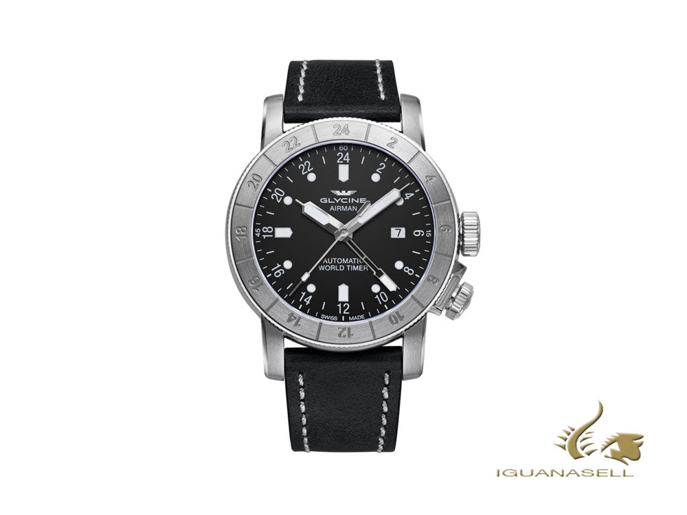 Montre automatique Glycine Airman 44, GL 293, GMT, noire, GL0056